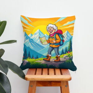 Kissen: Grandmother Hiking Illustration