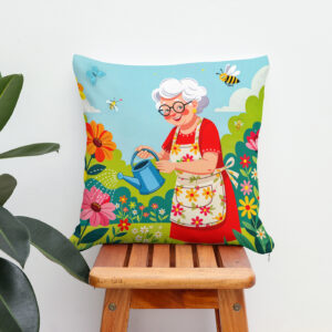 Kissen: Grandmother Watering Garden Illustration