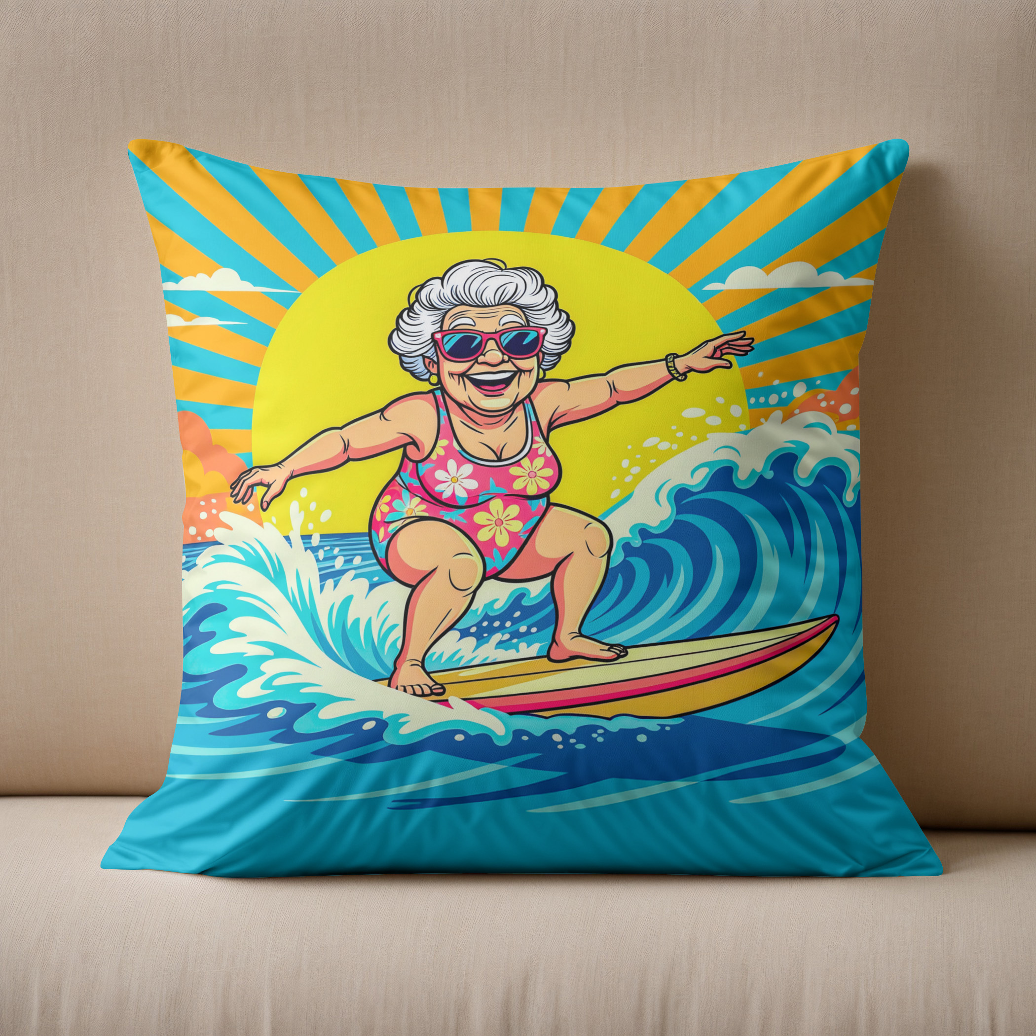 Kissen: Grandmother Surfing Illustration