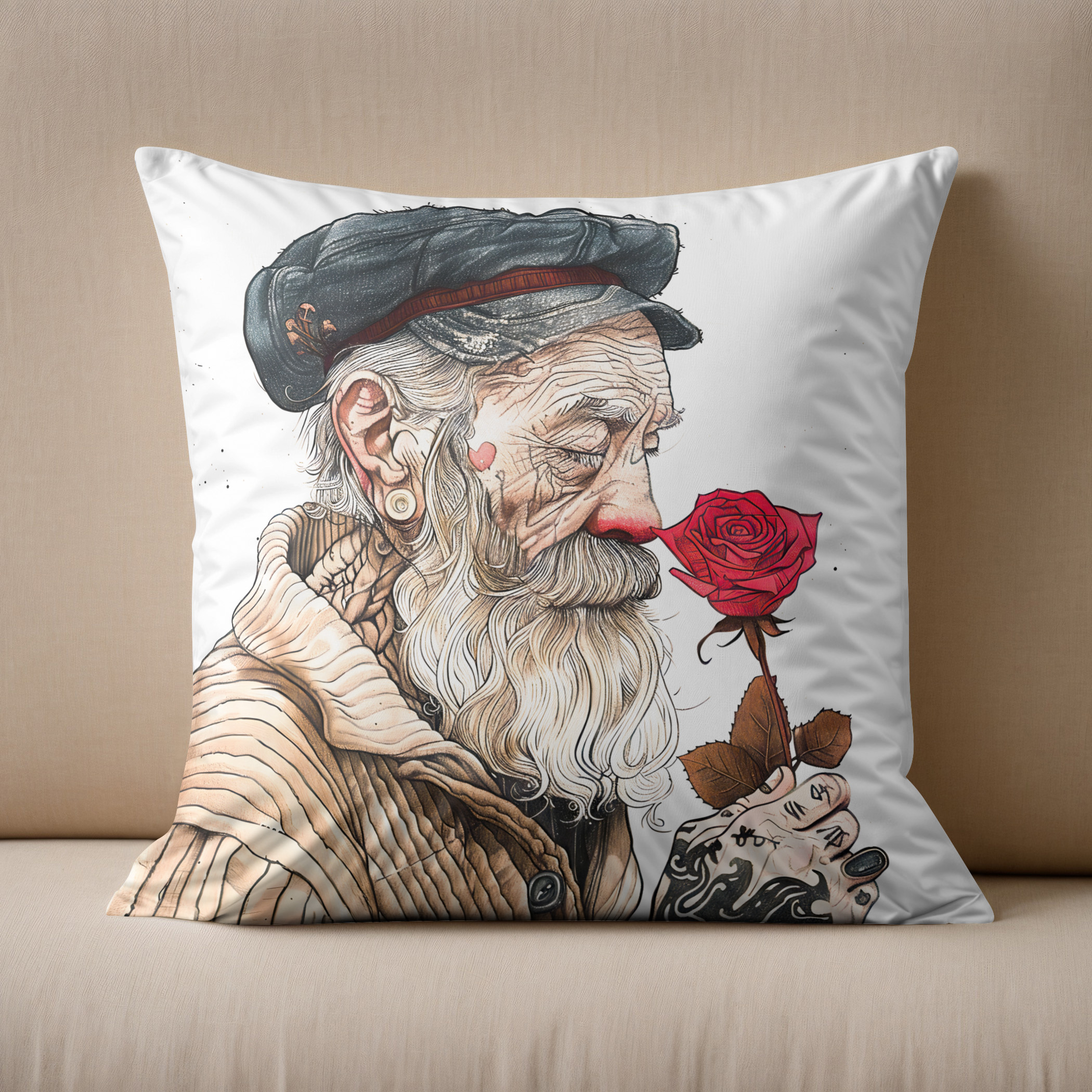 Kissen: Sailor Holding Red Rose In Romantic Gesture