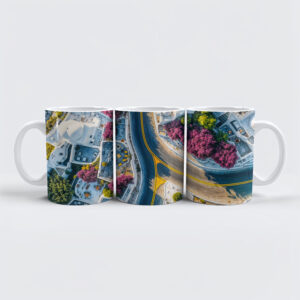 raxxa Premium-Tasse: Greek Mountain Village Street with Bougainvillea
