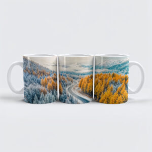 raxxa Premium-Tasse: Winter Roads Through Mountain Forest with Orange Larches