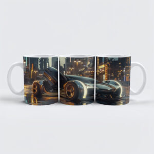 raxxa Premium-Tasse: Futuristisches Luxusauto in Neonstadt