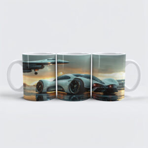 raxxa Premium-Tasse: Weißes Zukunftsauto mit Jet im Hintergrund - Aerodynamik trifft Luxus