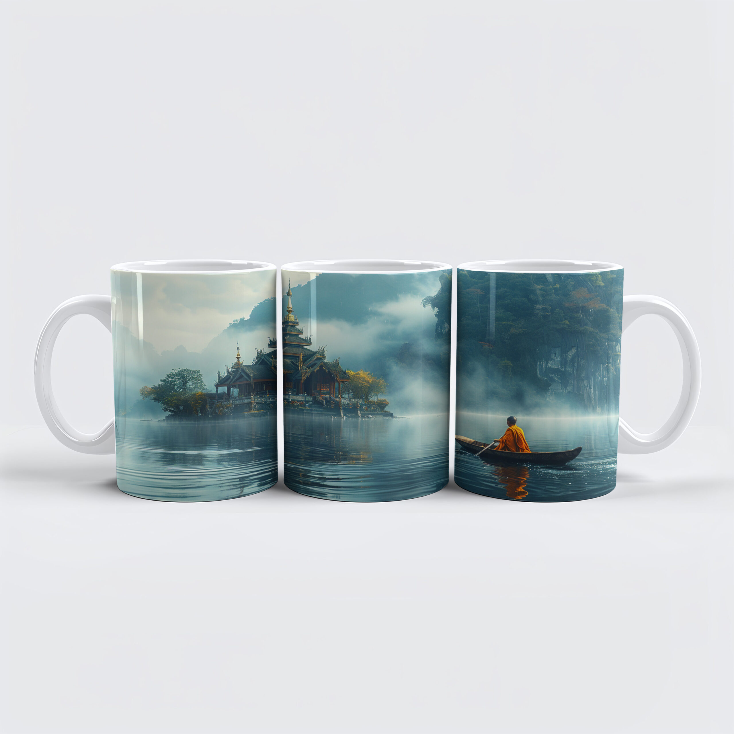 raxxa Premium-Tasse: Insel des Geistes - buddhistischer Mönch im Boot