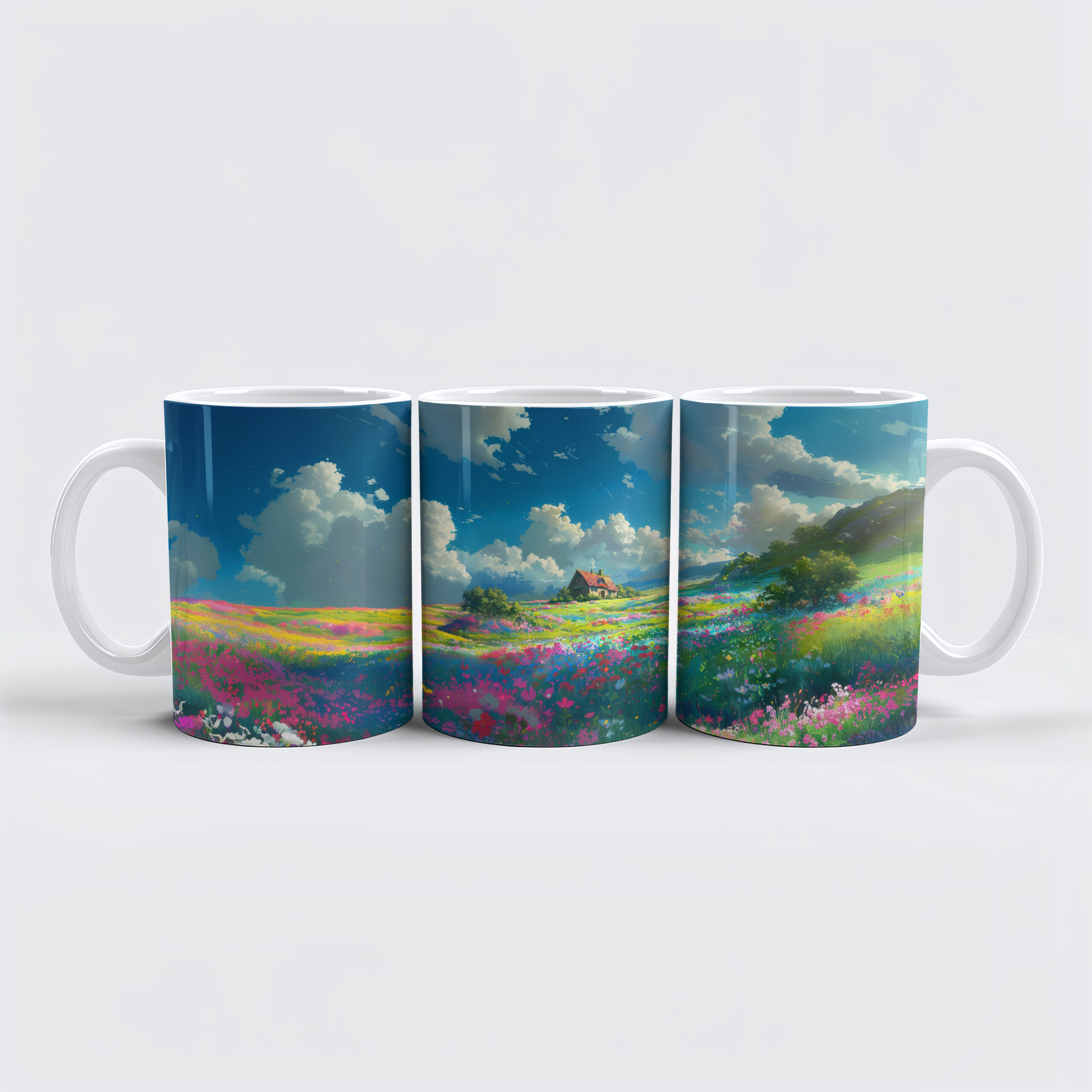 raxxa Premium-Tasse: Weites Blumental mit Wolken - Anime Stil