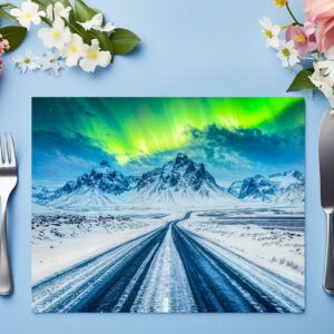 raxxa Premium-Tischset: Road with Mountains and Northern Lights at Night