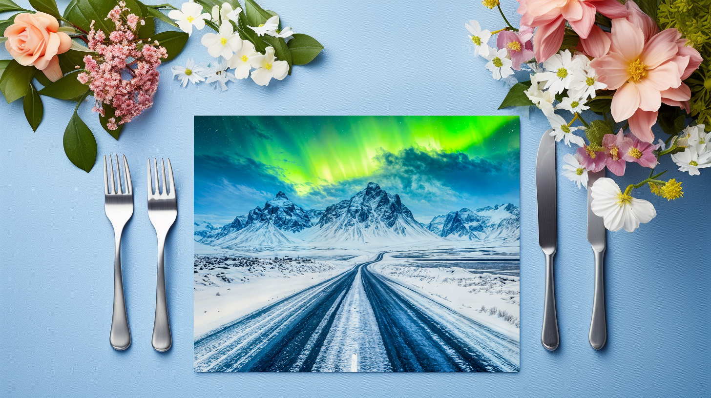raxxa Premium-Tischset: Road with Mountains and Northern Lights at Night