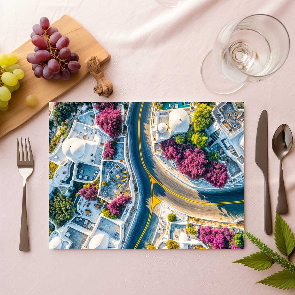 raxxa Premium-Tischset: Greek Mountain Village Street with Bougainvillea – Bild 2
