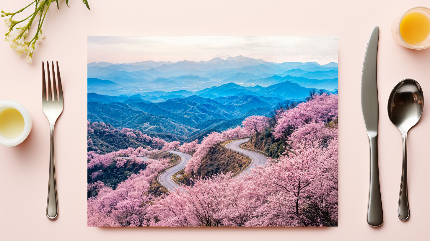 raxxa Premium-Tischset: Roads Through Mountain Landscape with Blooming Cherry Trees – Bild 3