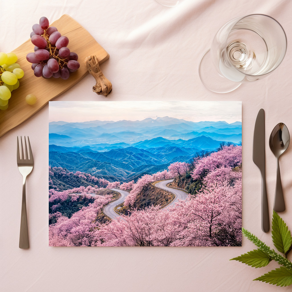 raxxa Premium-Tischset: Roads Through Mountain Landscape with Blooming Cherry Trees