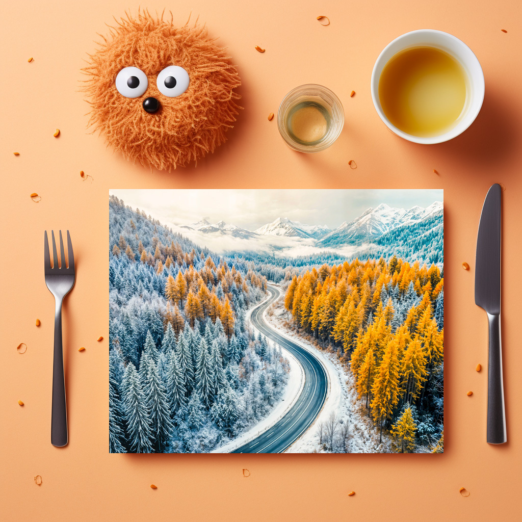 raxxa Premium-Tischset: Winter Roads Through Mountain Forest with Orange Larches
