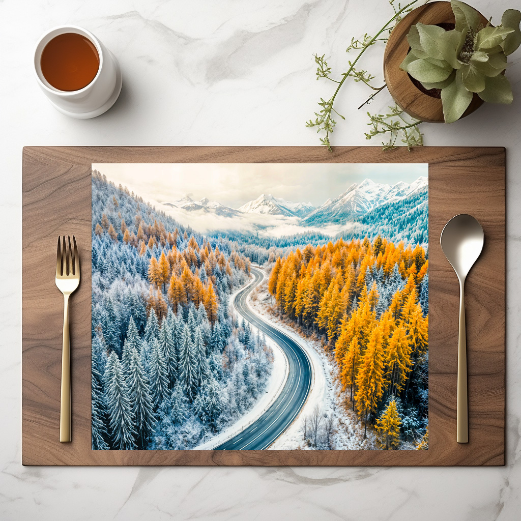 raxxa Premium-Tischset: Winter Roads Through Mountain Forest with Orange Larches - immagine 3