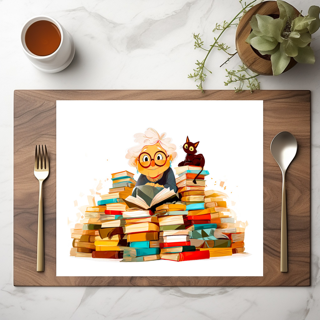 raxxa Premium-Tischset: Senior woman reading in books with cheerful expressions - immagine 3