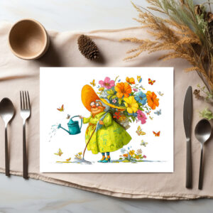 raxxa Premium-Tischset: Funny illustration of grandma gardening with flowers