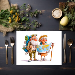 raxxa Premium-Tischset: Elderly couple hiking with backpacks and walking sticks