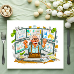 raxxa Premium-Tischset: Elderly man celebrating stock market success joyfully