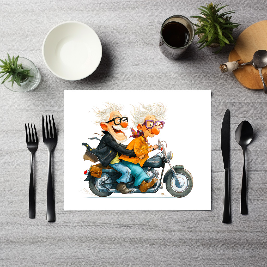 raxxa Premium-Tischset: Funny illustration of seniors riding motorcycle