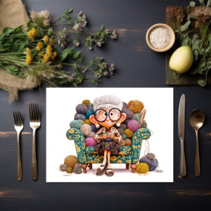raxxa Premium-Tischset: Elderly woman knitting happily surrounded by yarn balls
