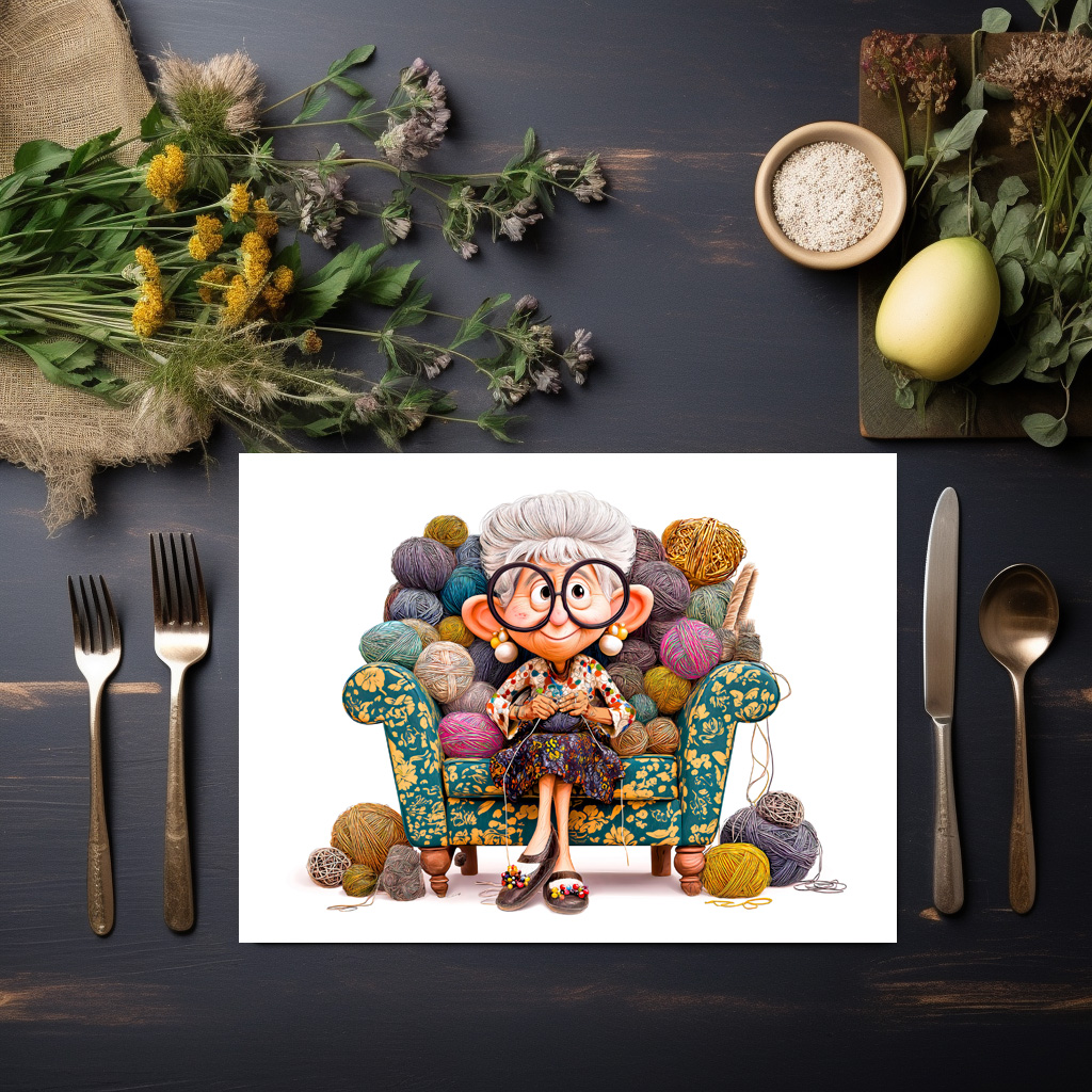 raxxa Premium-Tischset: Elderly woman knitting happily surrounded by yarn balls