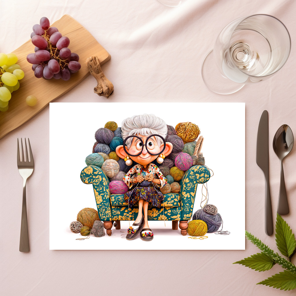 raxxa Premium-Tischset: Elderly woman knitting happily surrounded by yarn balls - immagine 2