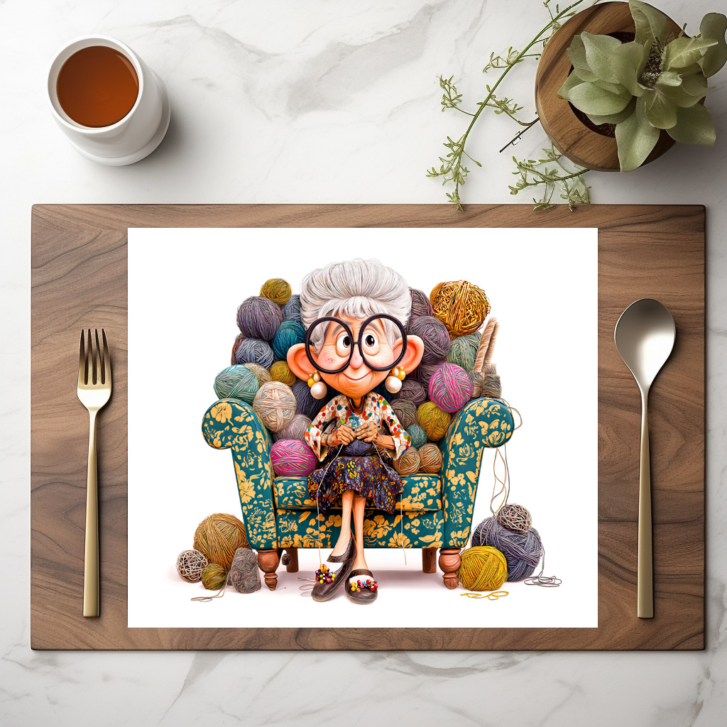 raxxa Premium-Tischset: Elderly woman knitting happily surrounded by yarn balls - immagine 3