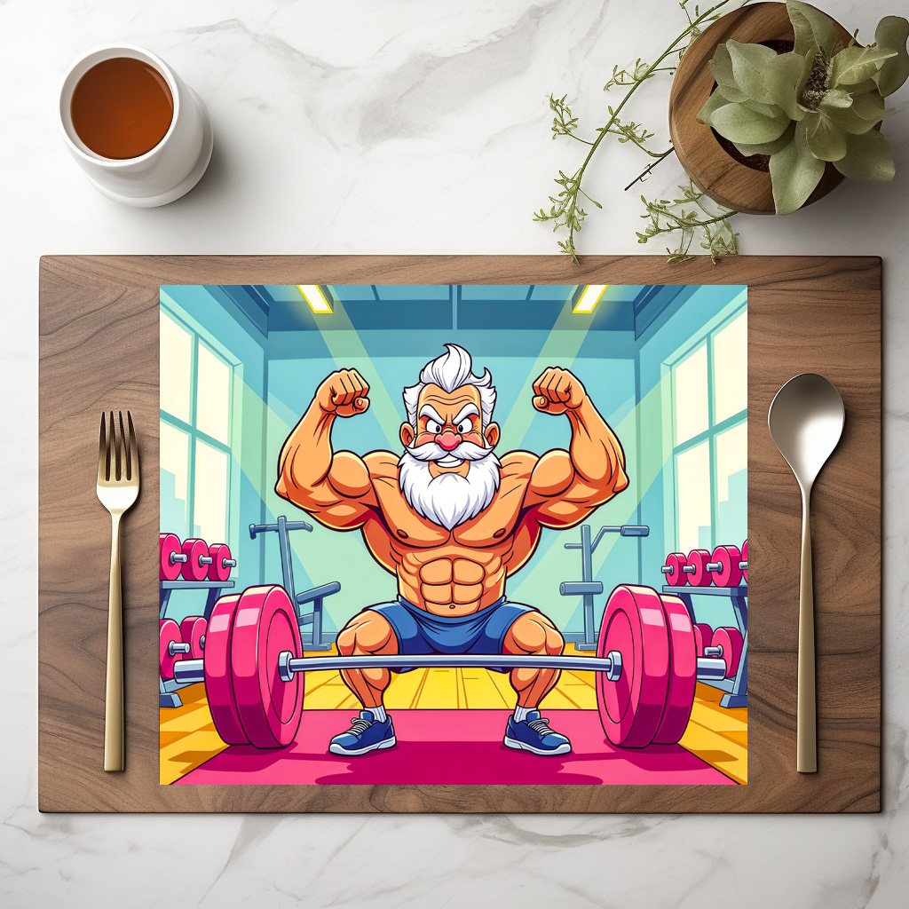 raxxa Premium-Tischset: Grandpa lifting weights making sports - Image 2