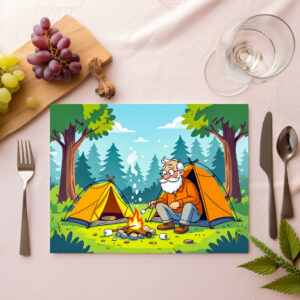 raxxa Premium-Tischset: Grandpa camping and grilling in the wilderness