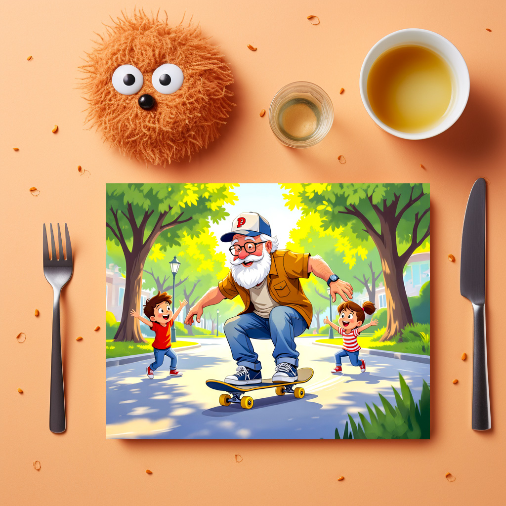 raxxa Premium-Tischset: Grandpa practicing skateboarding with grandson watching