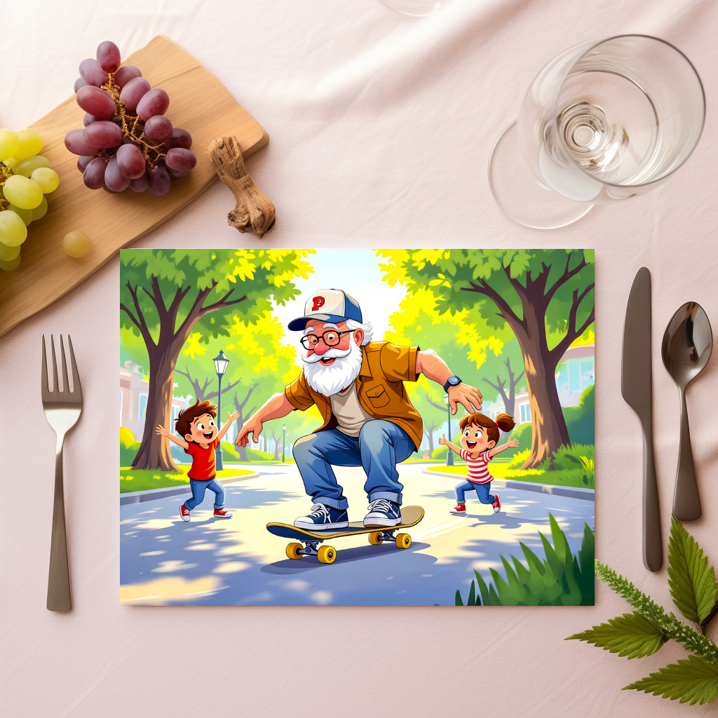 raxxa Premium-Tischset: Grandpa practicing skateboarding with grandson watching – Bild 2
