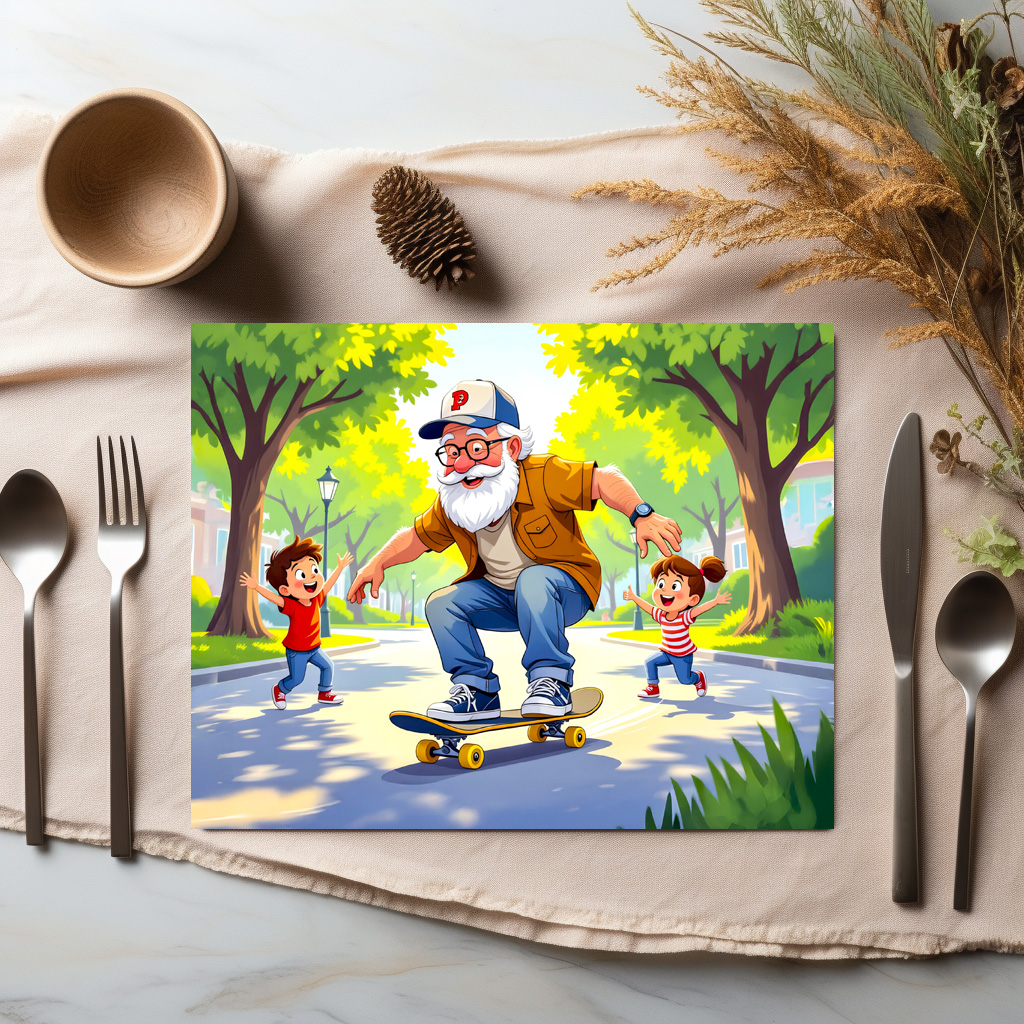 raxxa Premium-Tischset: Grandpa practicing skateboarding with grandson watching – Bild 3