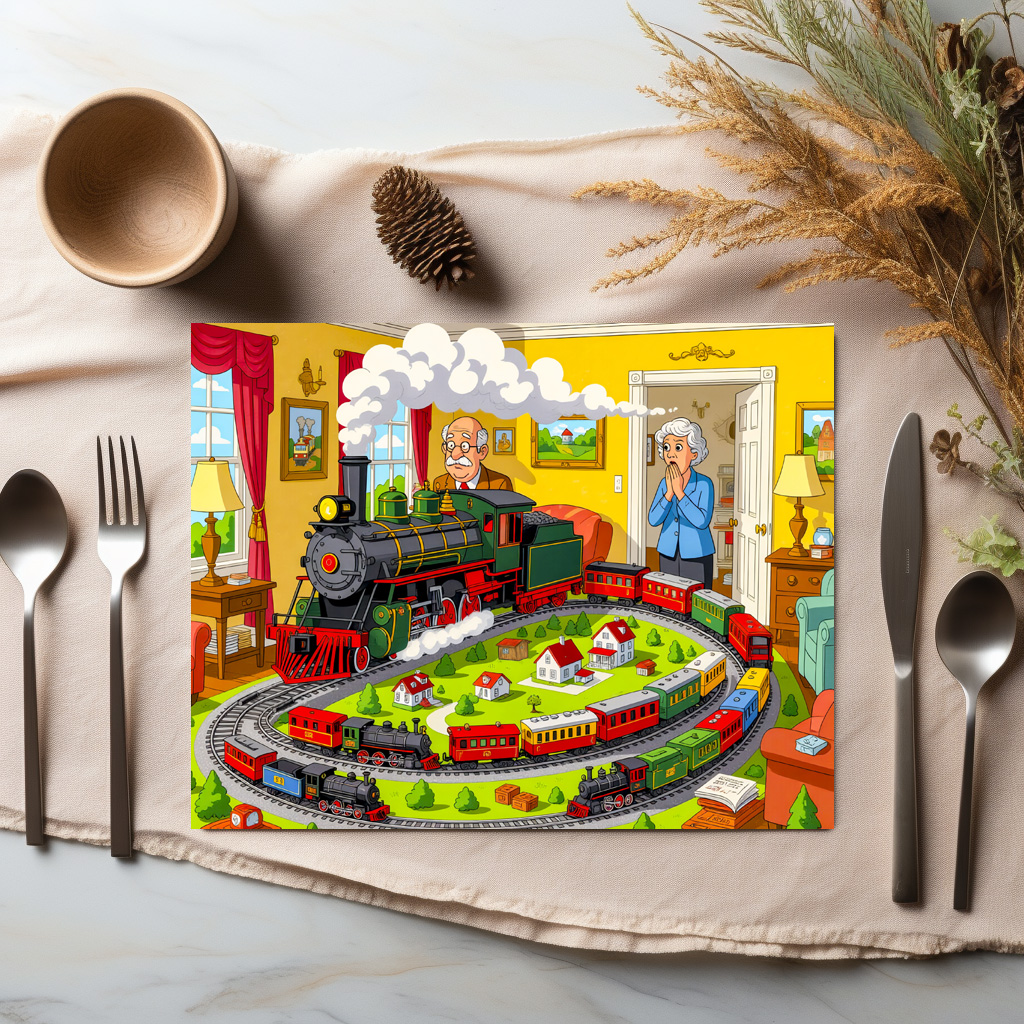 raxxa Premium-Tischset: Grandpa with steam train on huge model railway – Bild 2