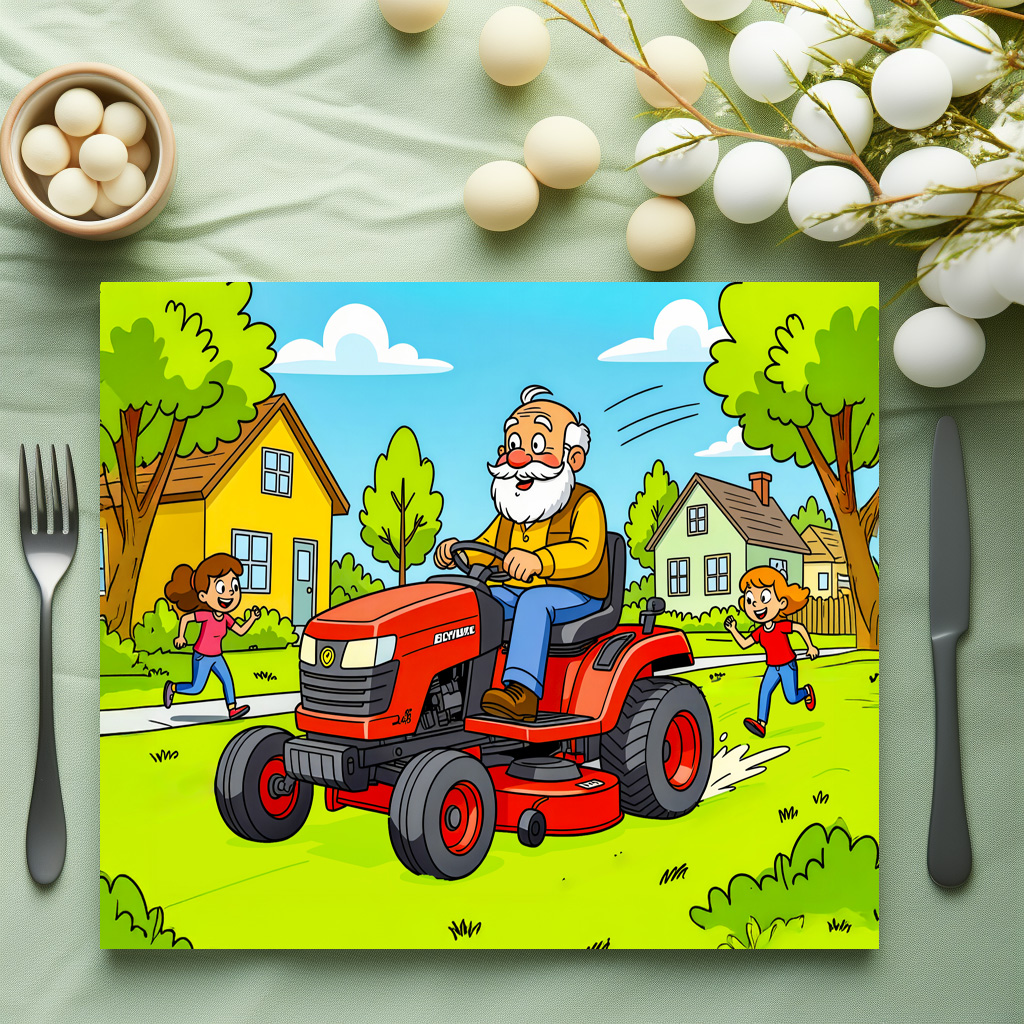 raxxa Premium-Tischset: Grandpa mowing the lawn on a ride-on tractor – Bild 3