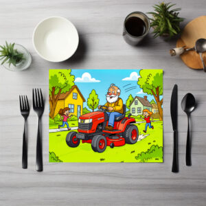 raxxa Premium-Tischset: Grandpa mowing the lawn on a ride-on tractor