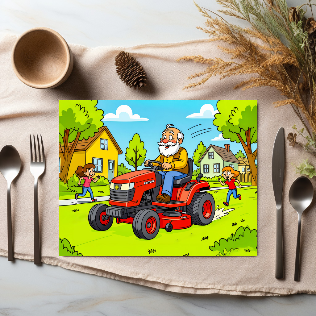 raxxa Premium-Tischset: Grandpa mowing the lawn on a ride-on tractor – Bild 2