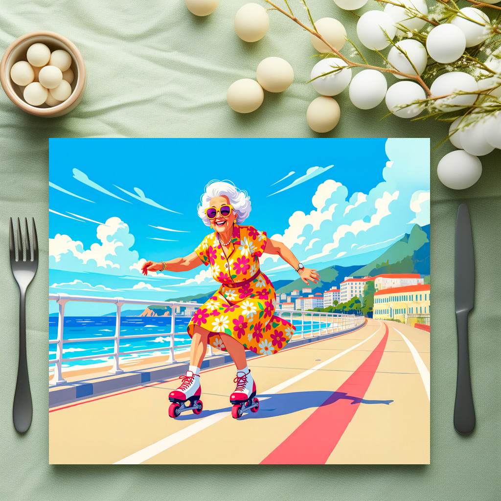 raxxa Premium-Tischset: Grandmother Roller Skating Illustration – Bild 3