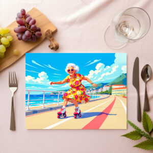 raxxa Premium-Tischset: Grandmother Roller Skating Illustration