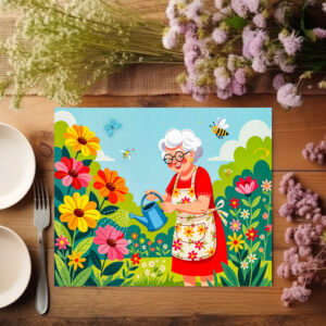 raxxa Premium-Tischset: Grandmother Watering Garden Illustration