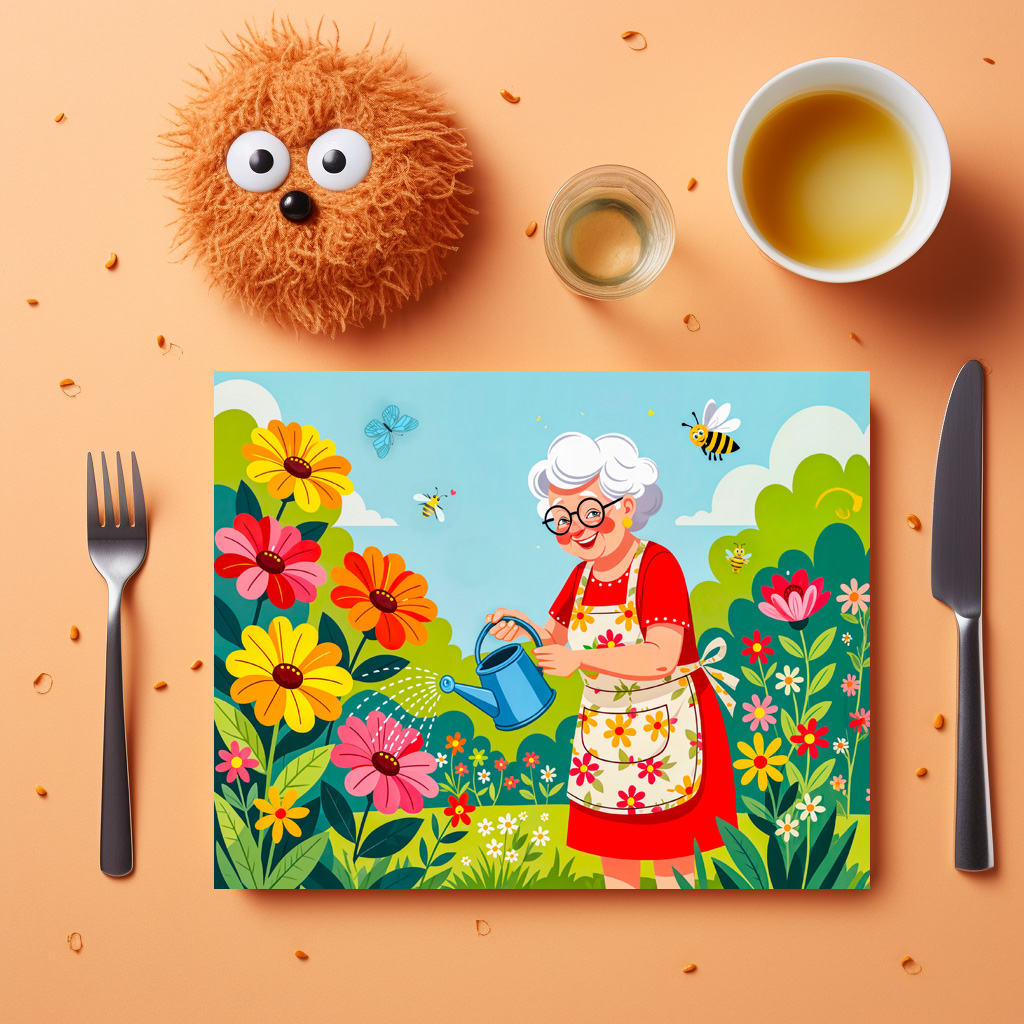 raxxa Premium-Tischset: Grandmother Watering Garden Illustration - immagine 2