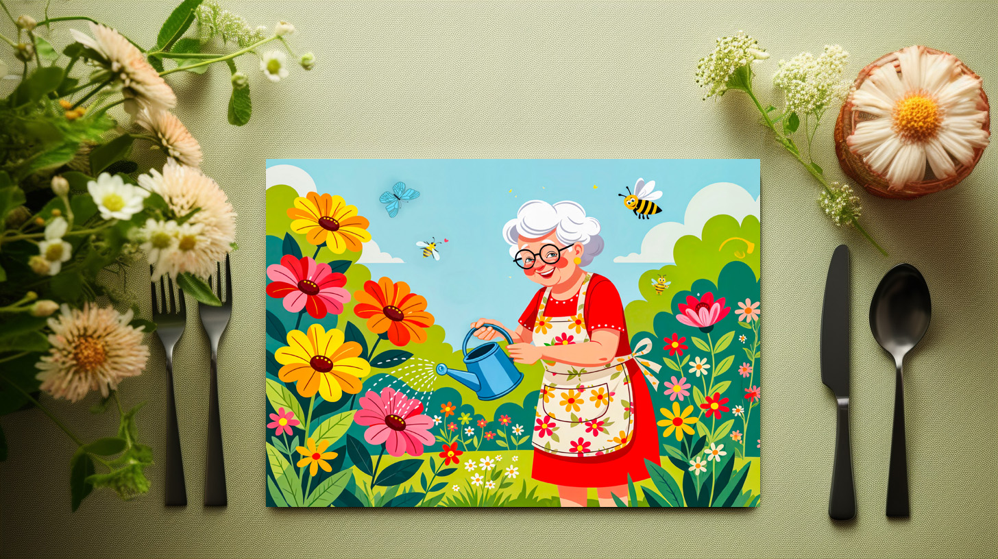 raxxa Premium-Tischset: Grandmother Watering Garden Illustration - immagine 3