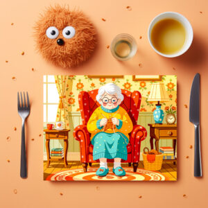 raxxa Premium-Tischset: Grandmother knitting in Armchair – Illustration