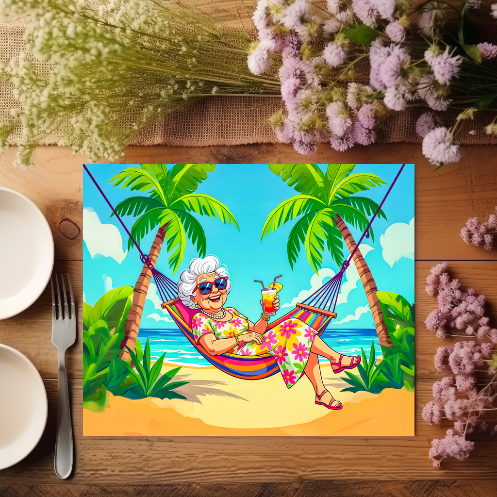 raxxa Premium-Tischset: Grandmother in Hammock with Cocktail Illustration - Imagen 3