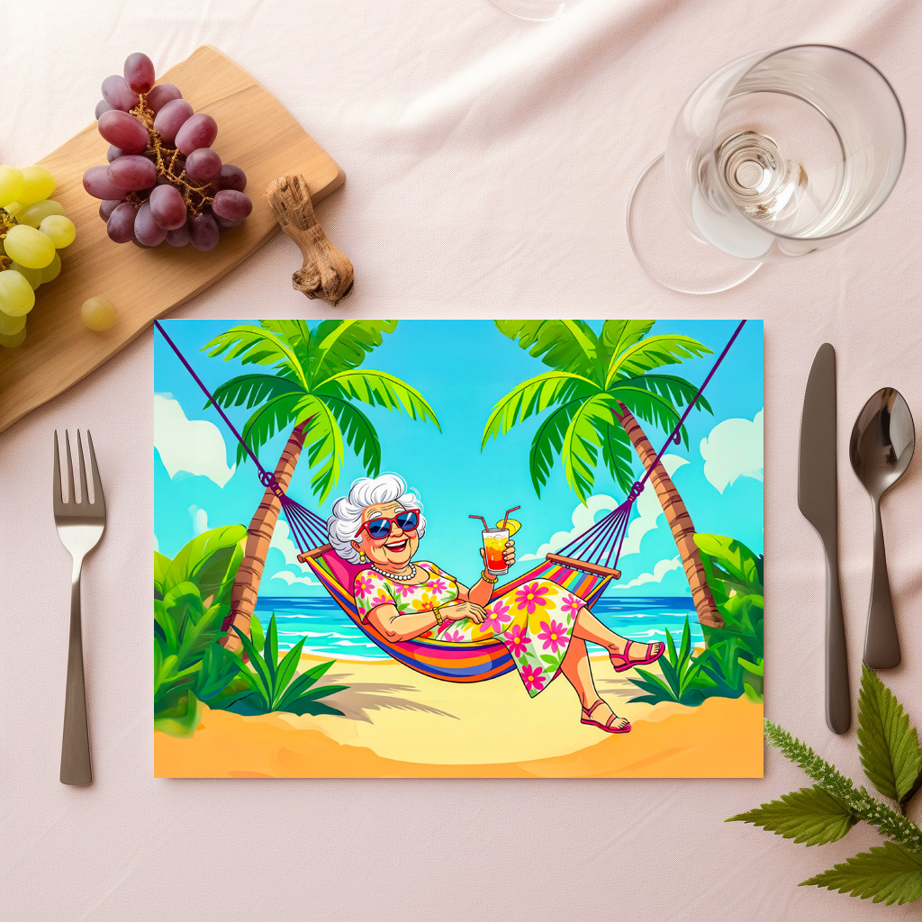 raxxa Premium-Tischset: Grandmother in Hammock with Cocktail Illustration - Imagen 2