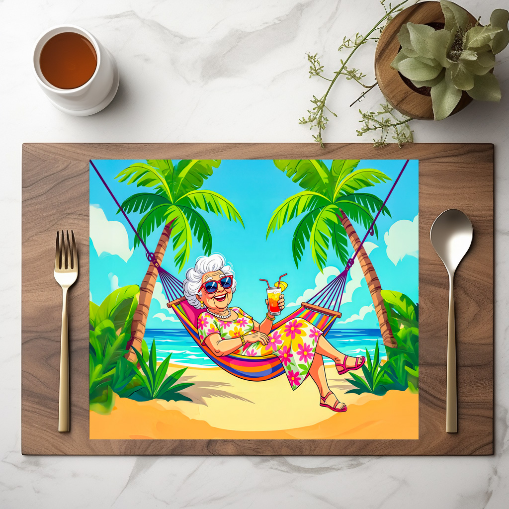 raxxa Premium-Tischset: Grandmother in Hammock with Cocktail Illustration