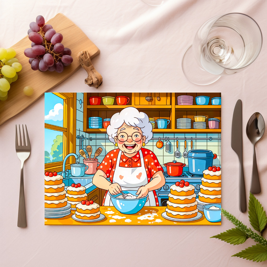 raxxa Premium-Tischset: Grandmother Cooking Pancakes Illustration – Bild 2