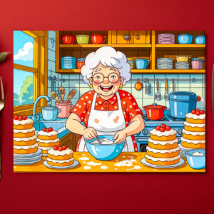 raxxa Premium-Tischset: Grandmother Cooking Pancakes Illustration