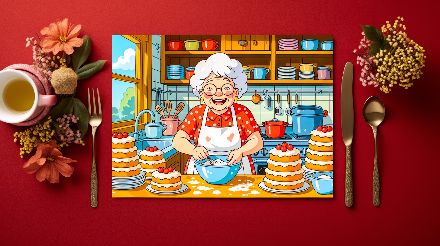 raxxa Premium-Tischset: Grandmother Cooking Pancakes Illustration