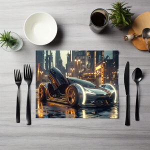 raxxa Premium-Tischset: Futuristisches Luxusauto in Neonstadt