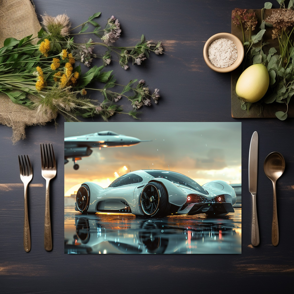 raxxa Premium-Tischset: Weißes Zukunftsauto mit Jet im Hintergrund - Aerodynamik trifft Luxus