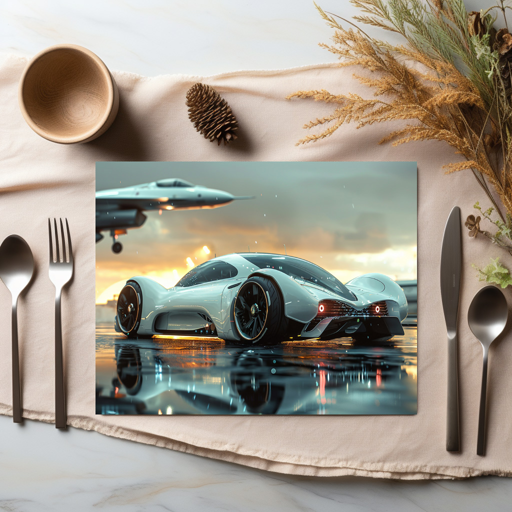 raxxa Premium-Tischset: Weißes Zukunftsauto mit Jet im Hintergrund - Aerodynamik trifft Luxus – Bild 2